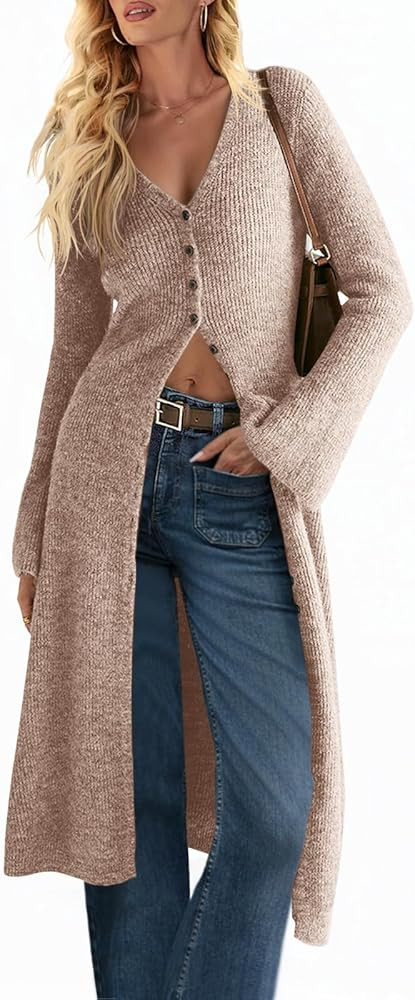 Saodimallsu Womens Long Cardigan Sweaters Oversized Bell Sleeve Open Front Button Down Casual Kni... | Amazon (US)