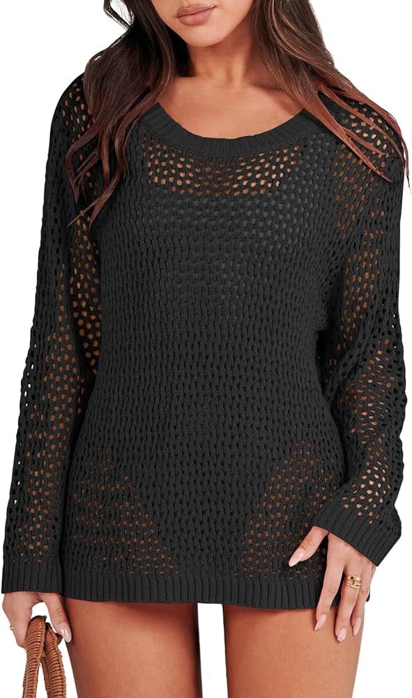 ANRABESS Women's Summer Sweater Crochet Beach Cover Up Hollow Out Long Sleeve Mesh Shirt Top 2024... | Amazon (US)