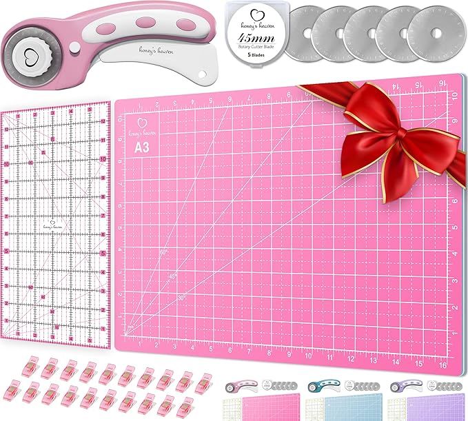 Rotary Cutter Set pink - Quilting Kit incl. 45mm Fabric Cutter, 5 Replacement Blades, A3 Cutting ... | Amazon (US)