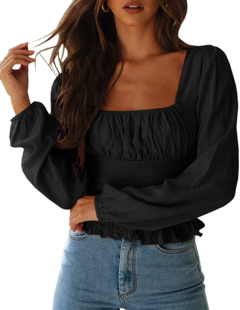 CNJFJ Women's Sexy Frill Smock Crop Top Retro Square Neck Long Sleeve Shirred Blouse Tops | Amazon (US)