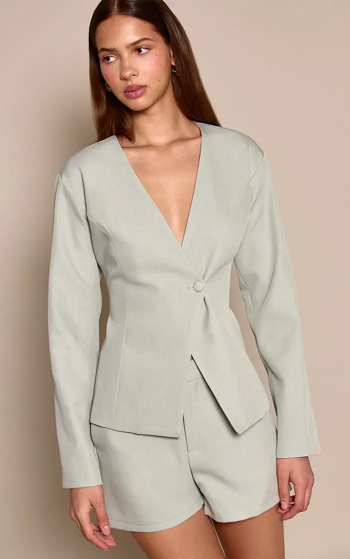 Sage Green Tailored Cinched Waist Asymmetric Blazer | PrettyLittleThing US