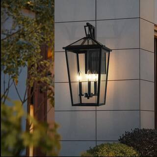 H 22 in. 3-Light Classic Large Outdoor Wall Lantern Matte Black Exterior Wall Sconce with Clear Tempered Glass | The Home Depot