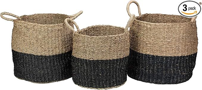 Northlight Set of 3 Beige and Black Round Wicker Table and Floor Baskets | Amazon (US)