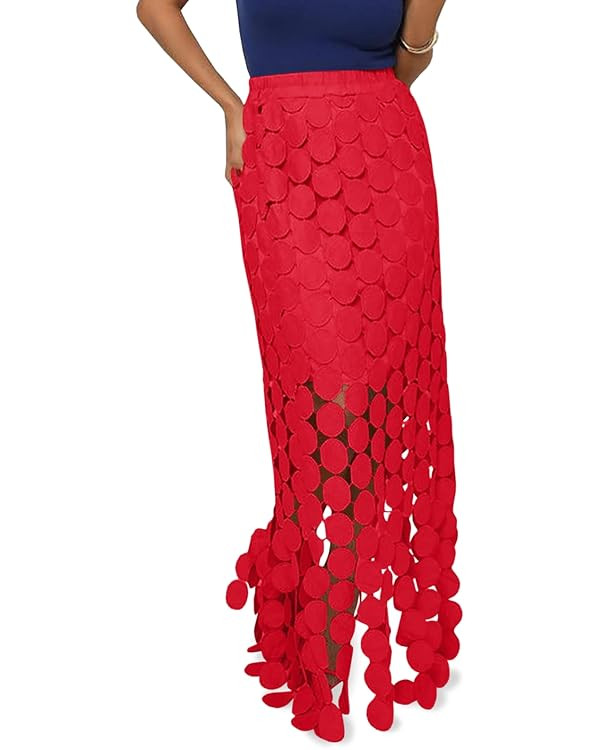 Cicy Bell Womens Hollow Out Maxi Skirts Summer High Waisted Boho Fringe Hem Long Skirt | Amazon (US)