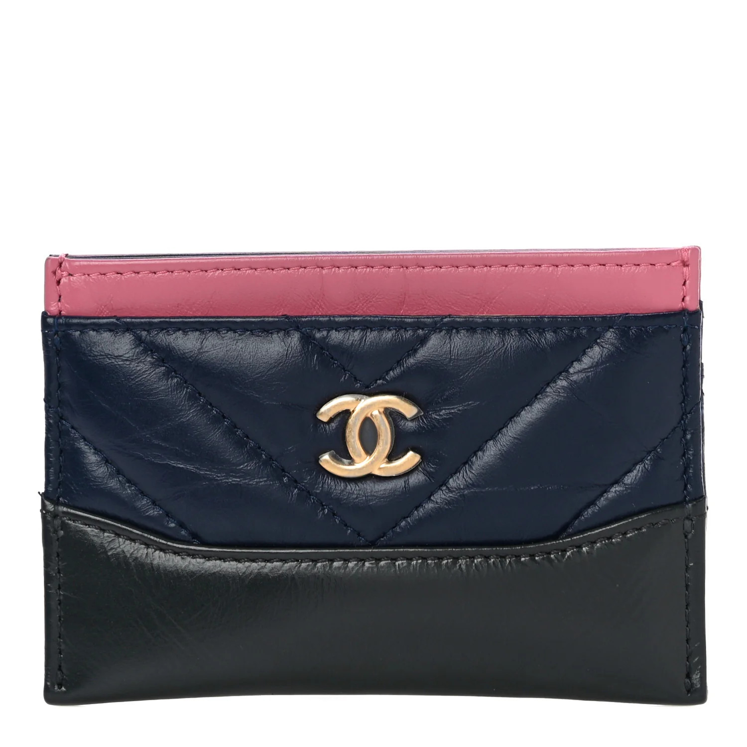 CHANEL Aged Calfskin Chevron Quilted Gabrielle Card Holder Wallet Pink Navy Charcoal | FASHIONPHI... | Fashionphile