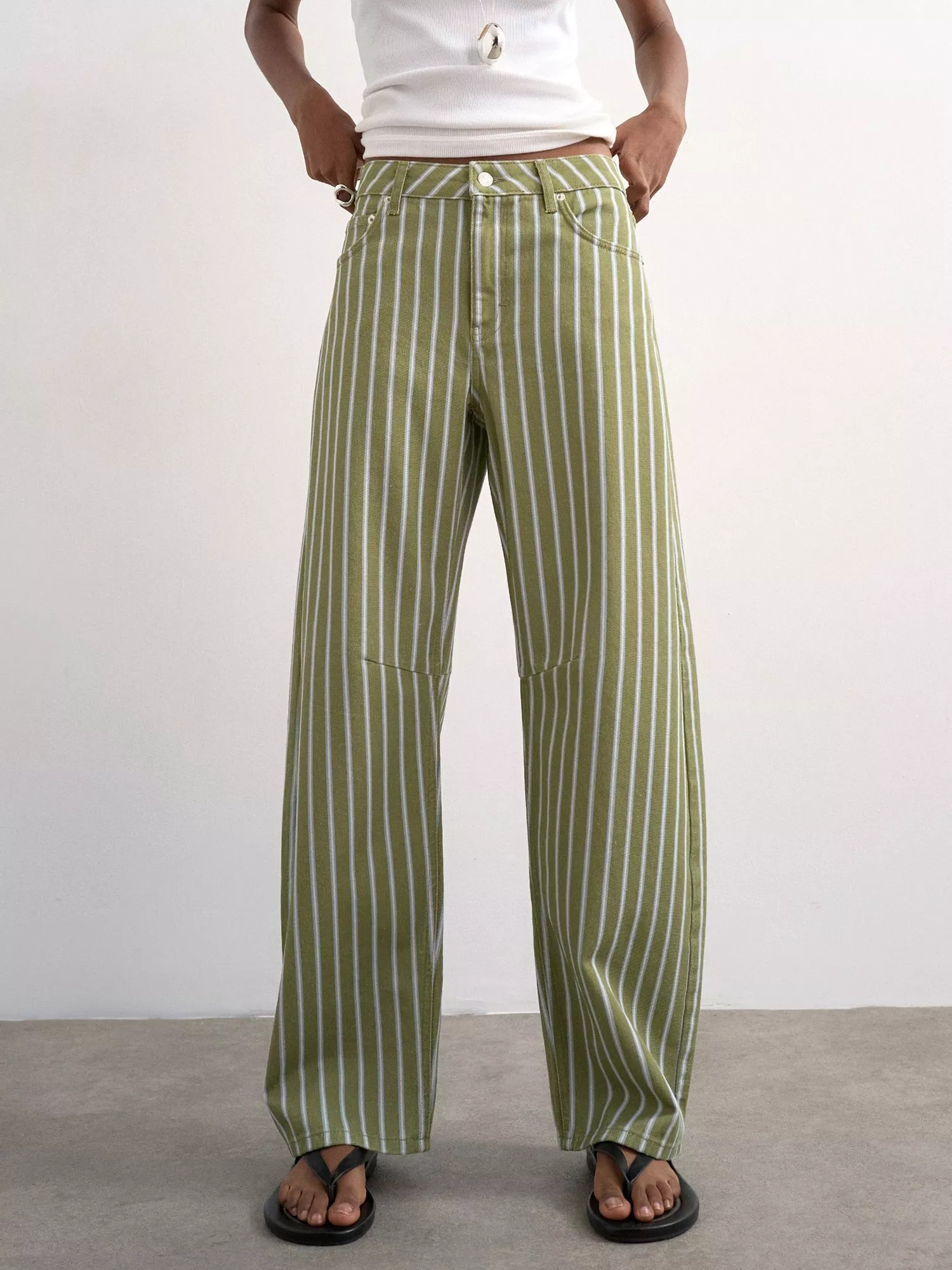 TopshopHigh Rise Striped Barrel Leg Jeans, Green/White£55.00Price promise | John Lewis (UK)