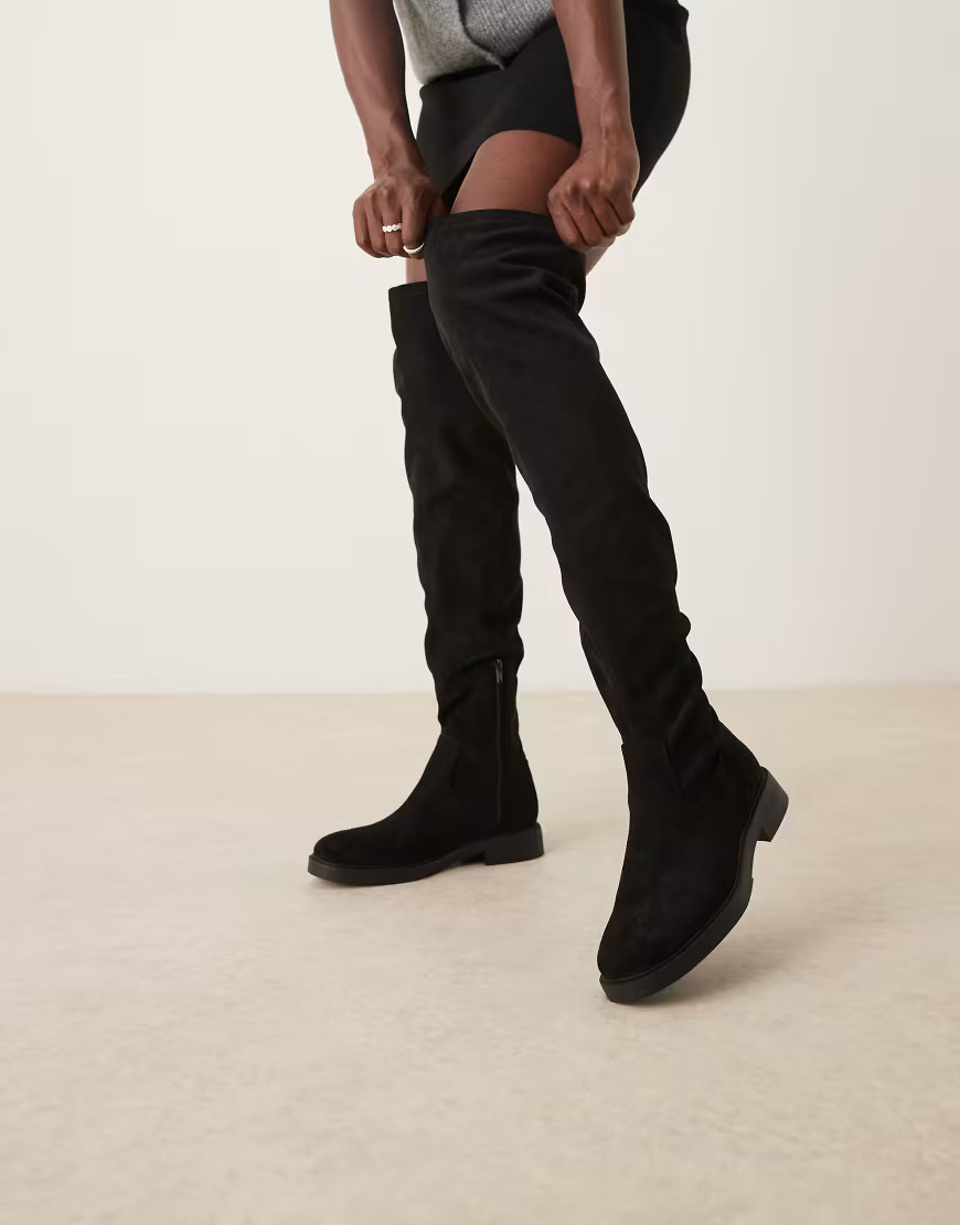ASOS DESIGN Kacey smart flat over the knee boots in black suedette | ASOS (Global)