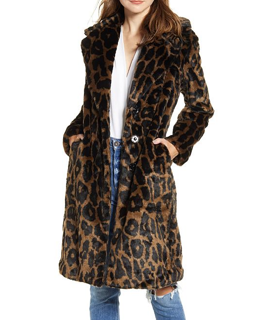 KENDALL + KYLIE Women's Car Coats Dark - Dark Leopard Faux Fur Longline Coat - Women | Zulily