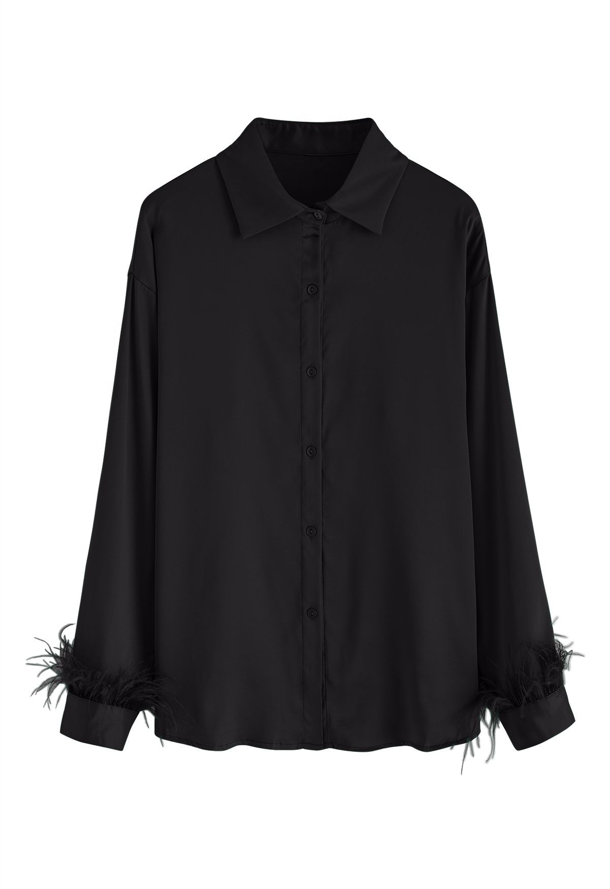 Feather Trim Cuffs Satin Shirt in Black | Chicwish