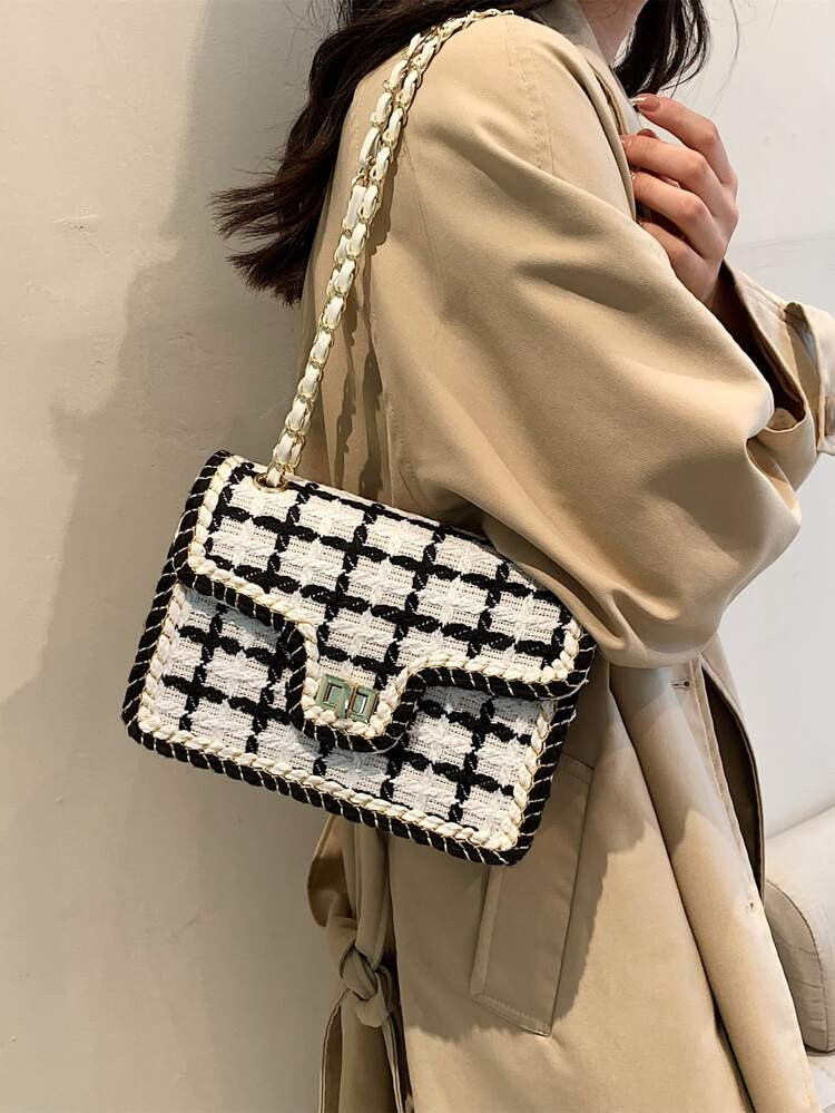Quadratische Tasche mit Plaid Muster, Drehverschluss, Klappe, Kette | SHEIN