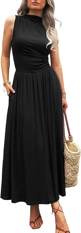 Women's Summer Casual Sleeveless Mock Neck Ruched Elegant Maxi Dresses Semi Formal Flowy Tank Dre... | Amazon (US)