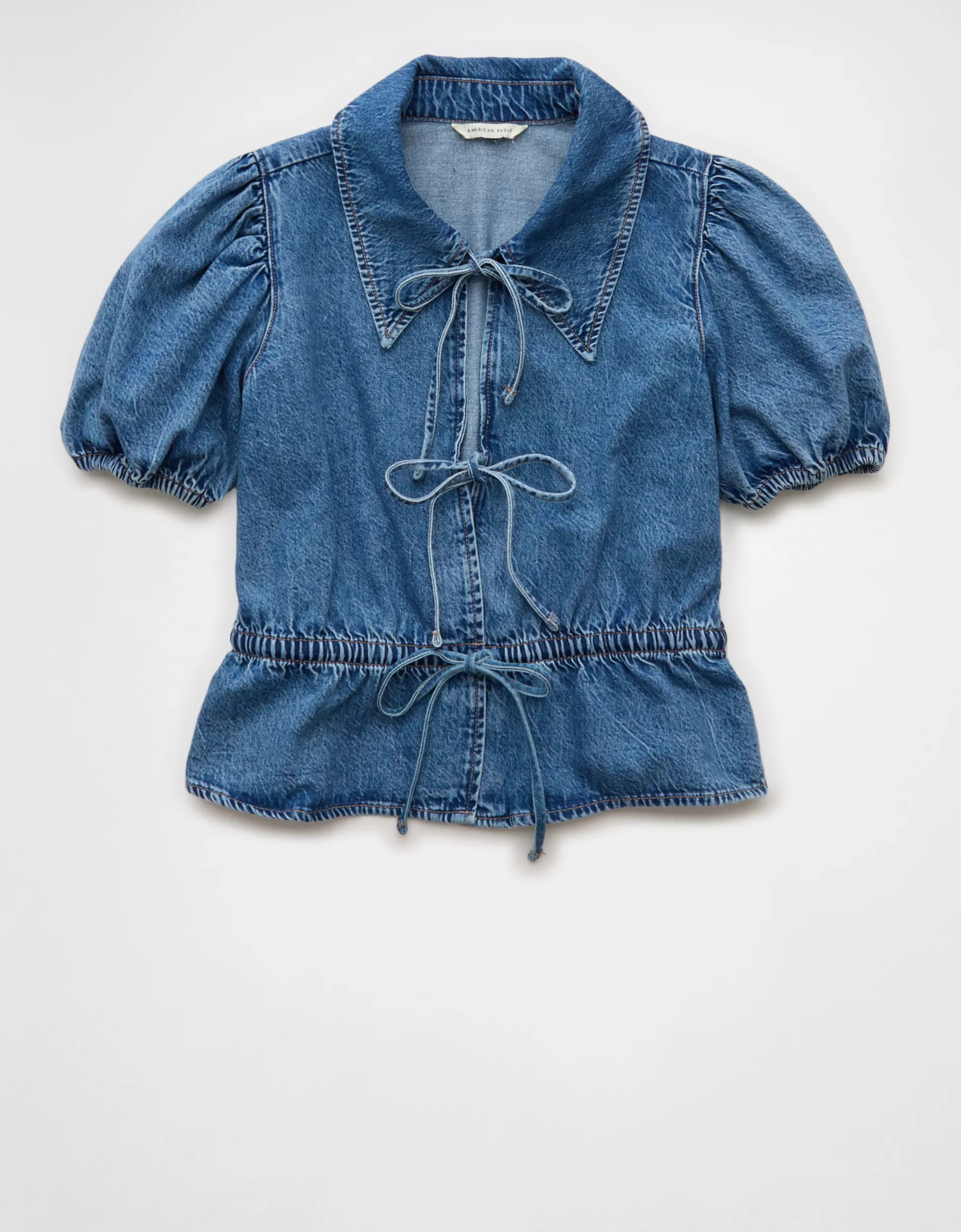 AE Denim Collared Puff Sleeve Tie Front Shirt | American Eagle Outfitters (US & CA)