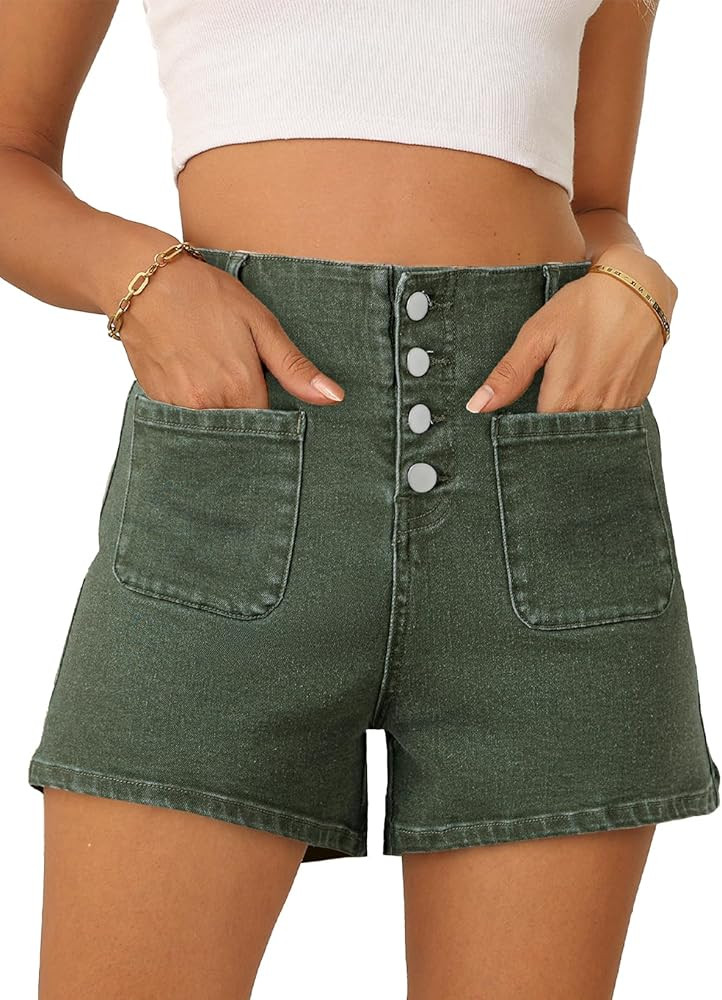 Sidefeel Women's Jean Shorts Button Fly Stretchy High Waisted Summer Outfit Denim Shorts | Amazon (US)