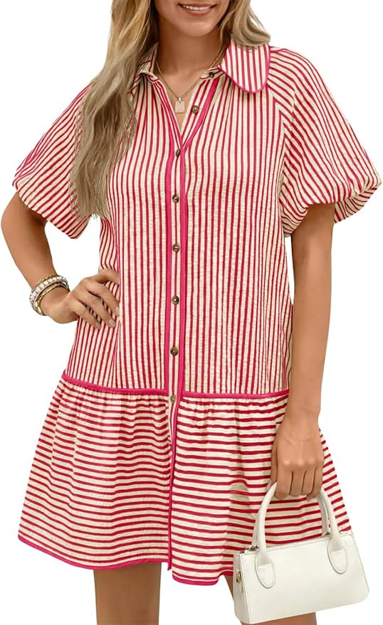 Wenrine Womens Summer Button Down Shirt Dress Casual Striped Puff Short Sleeve Collared Loose Min... | Amazon (US)