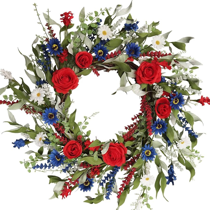 20 Inch Patriotic Wreath for Front Door Artificial Spring/Summer Floral Wreath Red White Blue Ros... | Amazon (US)