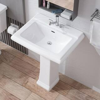 HOMLYLINK Pedestal Sink White Vitreous China Rectangular Pedestal Bathroom Sink with Overflow 3 F... | The Home Depot