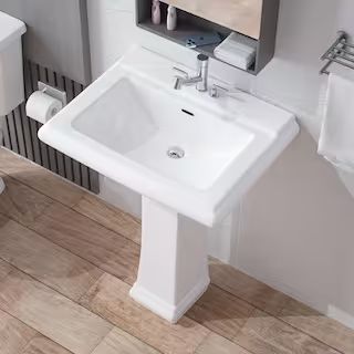 HOMLYLINK Pedestal Sink White Vitreous China Rectangular Pedestal Bathroom Sink with Overflow 3 F... | The Home Depot