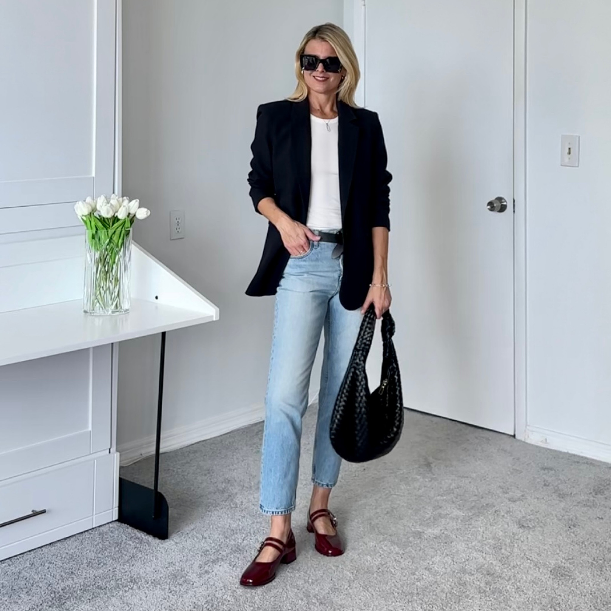 Red, blue. White and black color combo

Jeans, tank and blazer true to size 