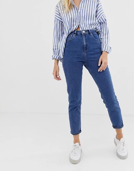 ASOS DESIGN recycled high rise farleigh 'slim' mom jeans in mid wash blue | ASOS (Global)