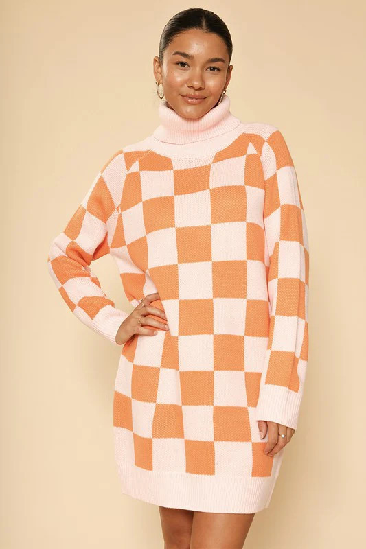 Checkered Turtleneck Sweater Dress ORANGE MULTI / S | Casual Chic Boutique