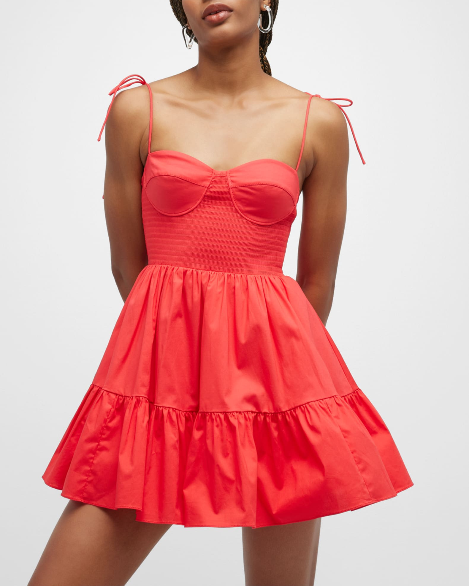 Staud Landry Smocked Corset Ruffle-Hem Mini Dress | Neiman Marcus