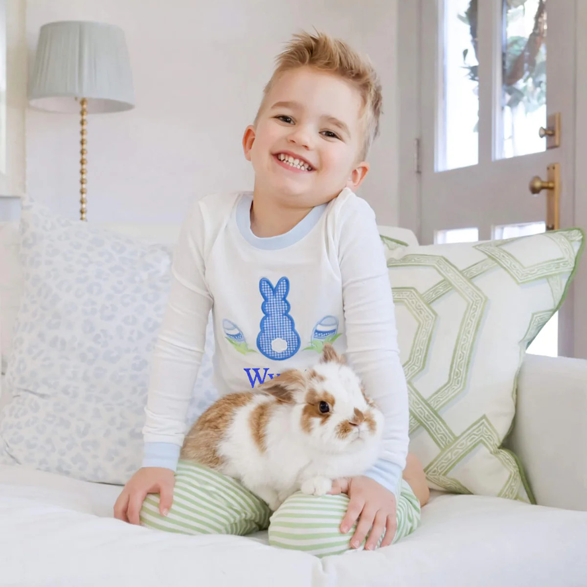 Easter Bunny Blue Trim Green Stripe Pajamas | Classic Whimsy