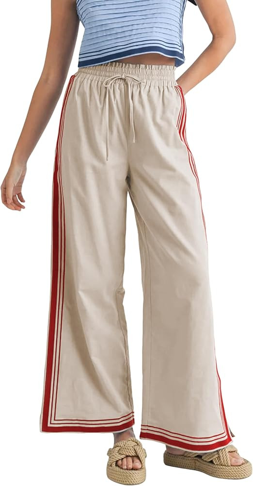 Womens Casual Wide Leg Side Striped Pant Drawstring Elastic Waist Lounge Palazzo Pants with Pocke... | Amazon (US)