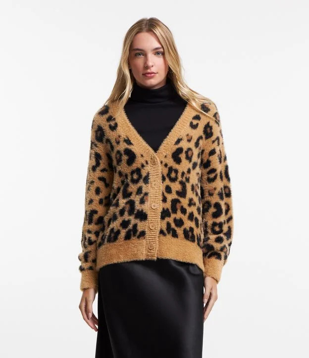 Cardigan Chenille Animal Print com Pelinho e Botões Marrom | Renner (BR)