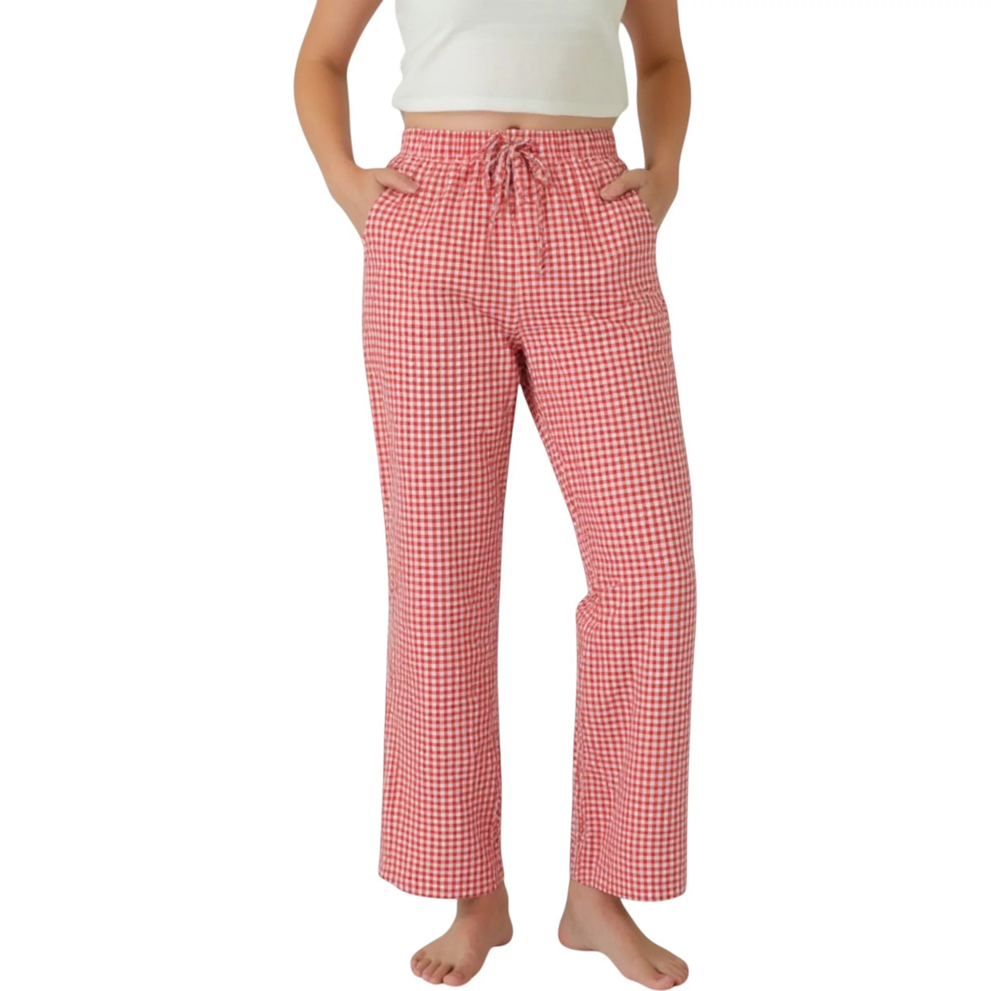 Women's Gingham Print Pajama Pants with High Waist Elastic Drawstring and Relaxed Straight Leg Fi... | Kohl's