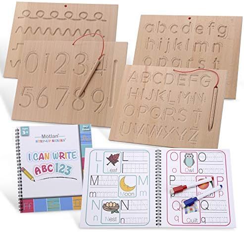 Motlan Montessori Wooden Alphabet & Numbers Tracing Board w/ Dry Erase Book Bonus | Wood Letter T... | Amazon (US)