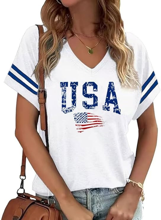 American Flag Shirts Women 4th of July V-Neck Short Sleeve Patriotic T-Shirt Memorial Day Graphic... | Amazon (US)