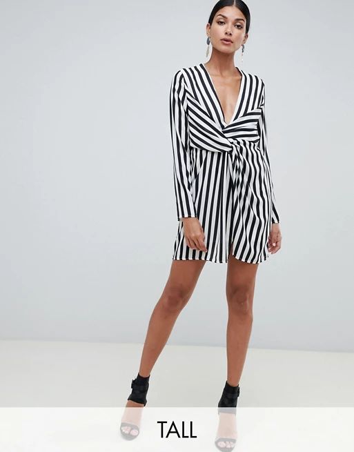 Missguided Tall twist front plunge mini in mono stripe | ASOS US