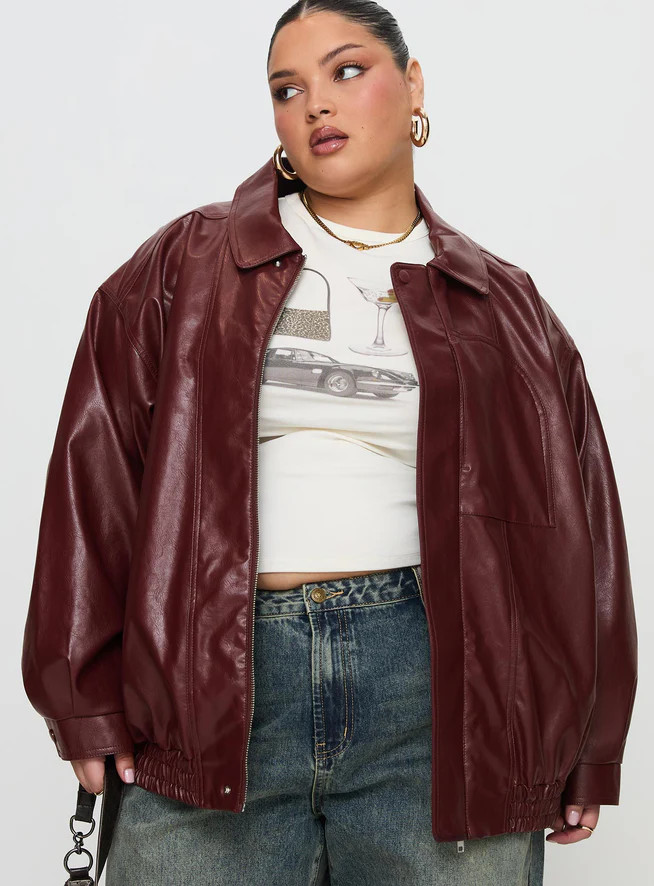 Devija Faux Leather Jacket Burgundy Curve | Princess Polly US