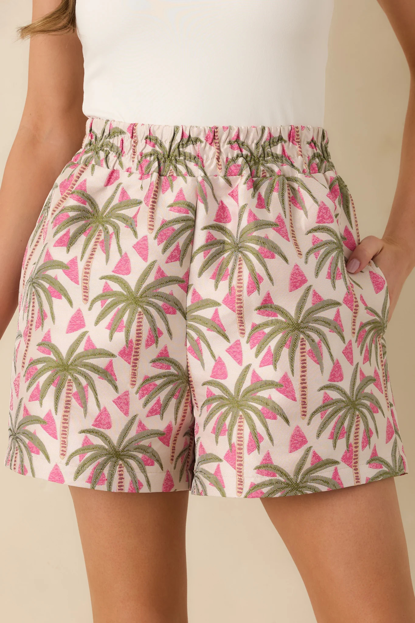 Palm Springs Picnic Pink Multi Jacquard Palm Tree High Waist Shorts | Red Dress