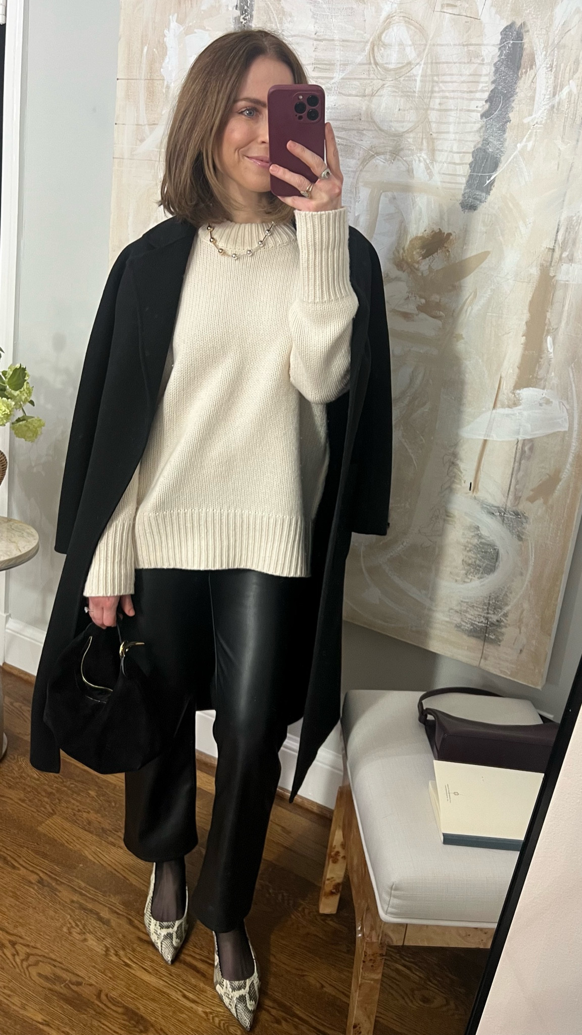 La ligne Marin ivory sweater 
Coat the curated classic coat
Pistola black faux leather pants
Aeyde Python slingback
Little Liffner black suede pouch 

Sized up in the pants and had length taken up  

#LTKshoecrush #LTKstyletip #LTKitbag