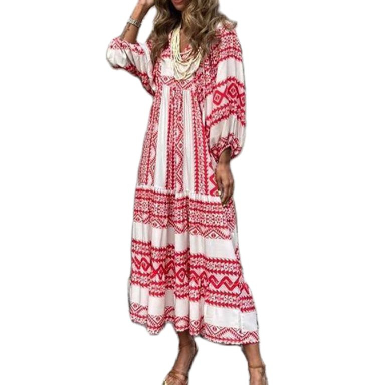 Peyakidsaa Women Boho Floral Puff Sleeve Tiered Maxi Dress Casual Layered Loose Vacation Beach Lo... | Walmart (US)