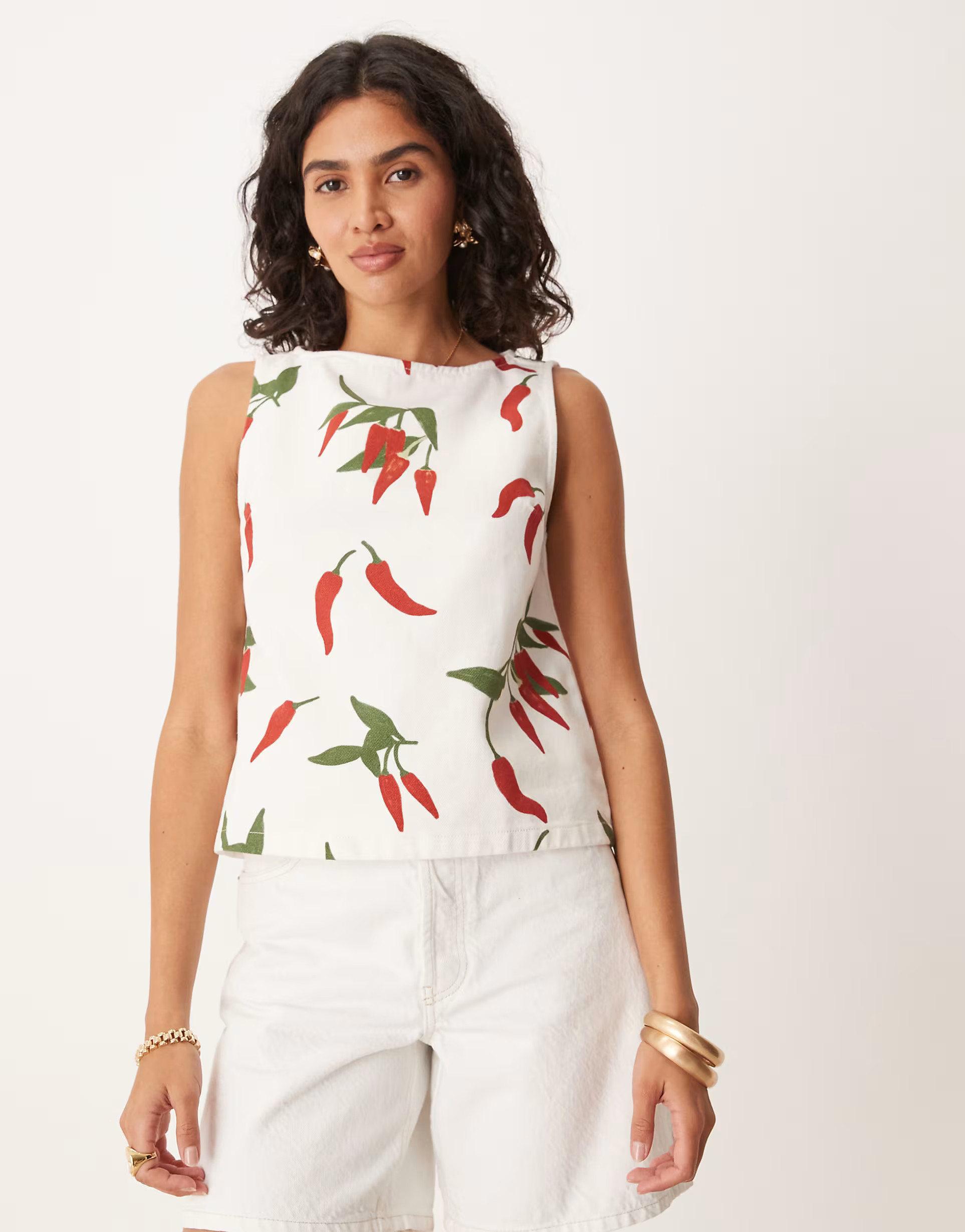 ASOS DESIGN denim tank top with slash neck in chili print in ecru | ASOS | ASOS (Global)