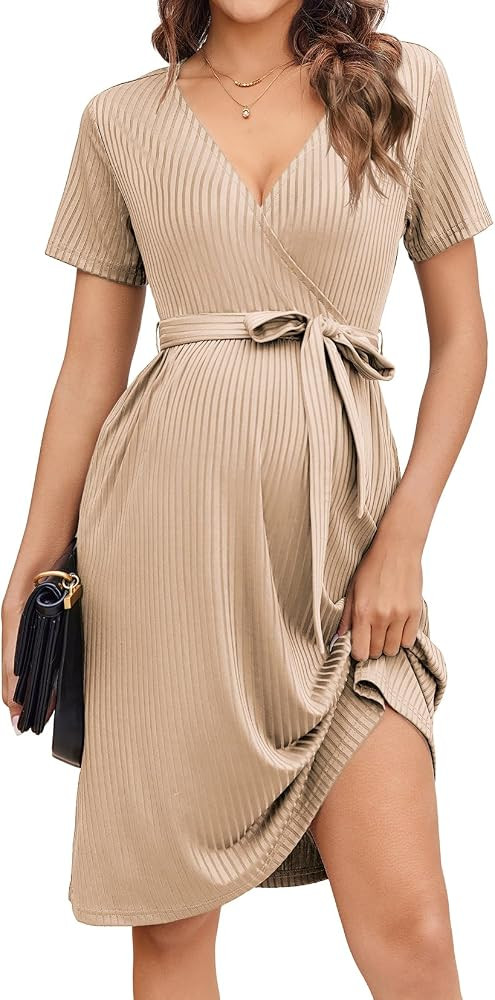 Ekouaer Women Short Sleeve Maternity Nursing Dress Casual V Neck Breastfeeding Loungewear Ribbed ... | Amazon (US)