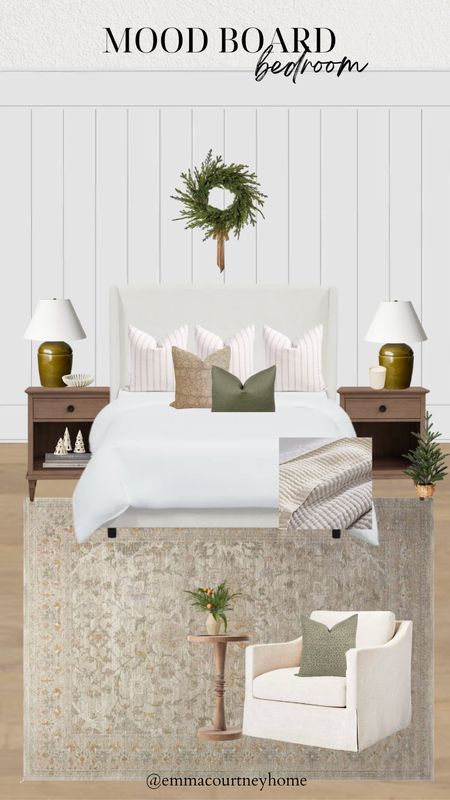 Bedroom mood board decorated for the Christmas season with beautiful target items plus the popular wayfair upholstered bed frame, nightstands and my favourite loloi rug! 

#LTKstyletip #LTKhome #LTKHoliday