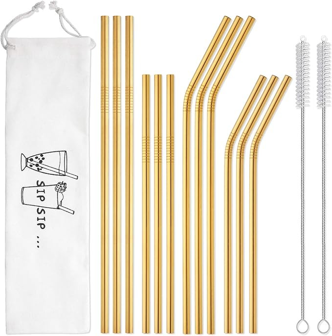 Hiware 12-Pack Gold Stainless Steel Straws Reusable with Case - Metal Drinking Straws for 30oz & ... | Amazon (US)
