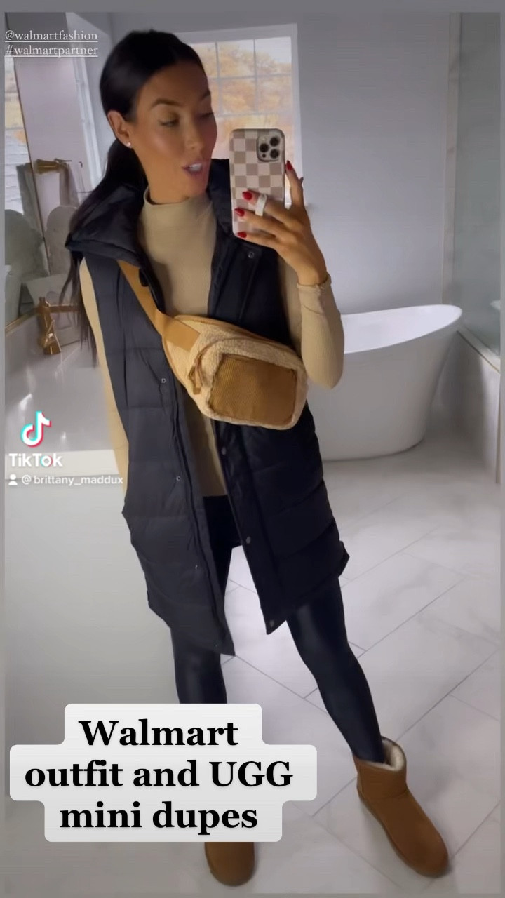 Walmart fashion finds, walmart winter style, faux leather leggings from walmart, puffer vest outfits, ugg mini dupes, ugg boots dupe, mock neck long sleeve, sherpa bum bag, belt bag

#LTKunder50 #LTKHoliday #LTKSeasonal