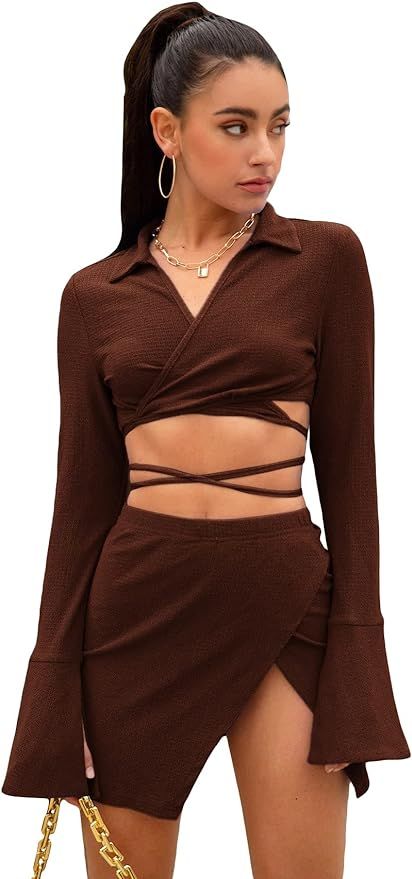 SOLY HUX Women's 2 Piece Outfits Bell Long Sleeve Tie Back Crop Top and Wrap Hem Skirt Set | Amazon (US)
