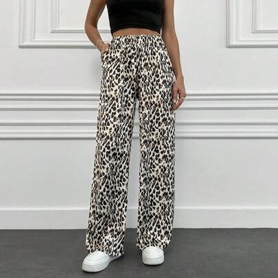 Women's Retro Leopard Print Elastic Waist Side Pocket Straight Leg Pants | SHEIN