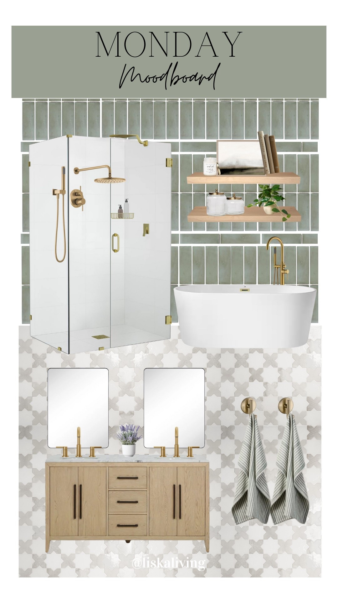 ✨MONDAY MOODBOARD - PRIMARY BATH✨

I absolutely LOVE the color of this tile from @annsacks x @studiomcgee! It is so gorgeous! 😍 I did a little bit more modern tile layout for this bathroom wall, but kept most of the details transitional - floor tile, light fixture, faucets, towel hooks! I love how these floors complement the green and wood tones so well! We are hoping to do a primary bath makeover this year or next and HIGHLY considering some similar combinations 🤩

The floor tile is from @tilebar and is the Parma White polished star and White Matte cross!
.
.
.
.
.
.
#mondaymoodboard #moodboardaccount #moodboardinterior #moodboardpage #moodboardinspiration #designboard #interiordesign #homestyling #homestylinginspo #primarybathroom #primarybath #transitionaldesign

#LTKStyleTip #LTKHome