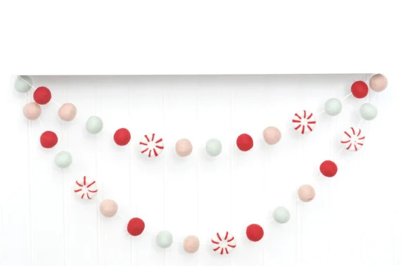 Christmas Tree Decor, Peppermint Felt Ball Garland, Red and Pink Holiday Decorations, Pom Pom Gar... | Etsy (US)