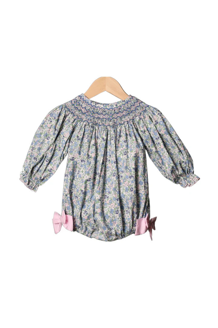 Smocked Heirloom Long Sleeve Blue and Pink Floral Bubble | The Smocked Flamingo