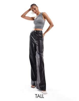 Vero Moda Tall leather look wide leg dad trouser in black with contrast white stitching | ASOS (Global)