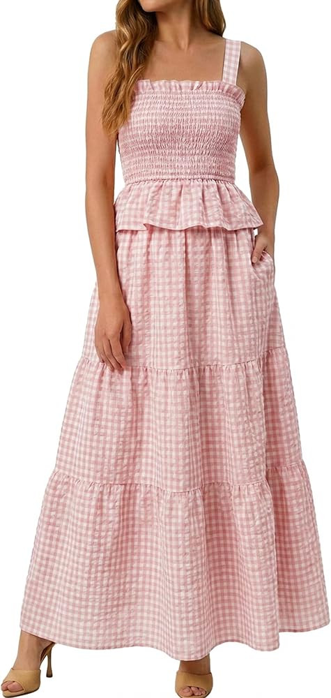 Glamaker Womens 2 Piece Skirt Sets Summer Gingham Plaid Tank Tops Maxi Skirt Casual Travel Vacation Outfit with Pocket | Amazon (US)