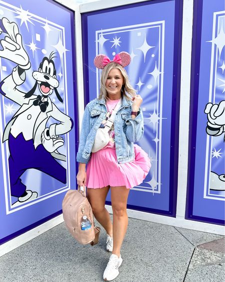 Disney vacation outfit 

Sizing:
Wearing a medium in the pearl denim jacket.
Amazon Mickey tee - men’s medium. Works with leggings but was cute folded under with this kids active skort
Skort- it’s kids! I’m wearing the XL 
Shoes are the comfiest! I wore them all day 25k + steps and no pain 

#LTKunder50 

#LTKtravel #LTKstyletip