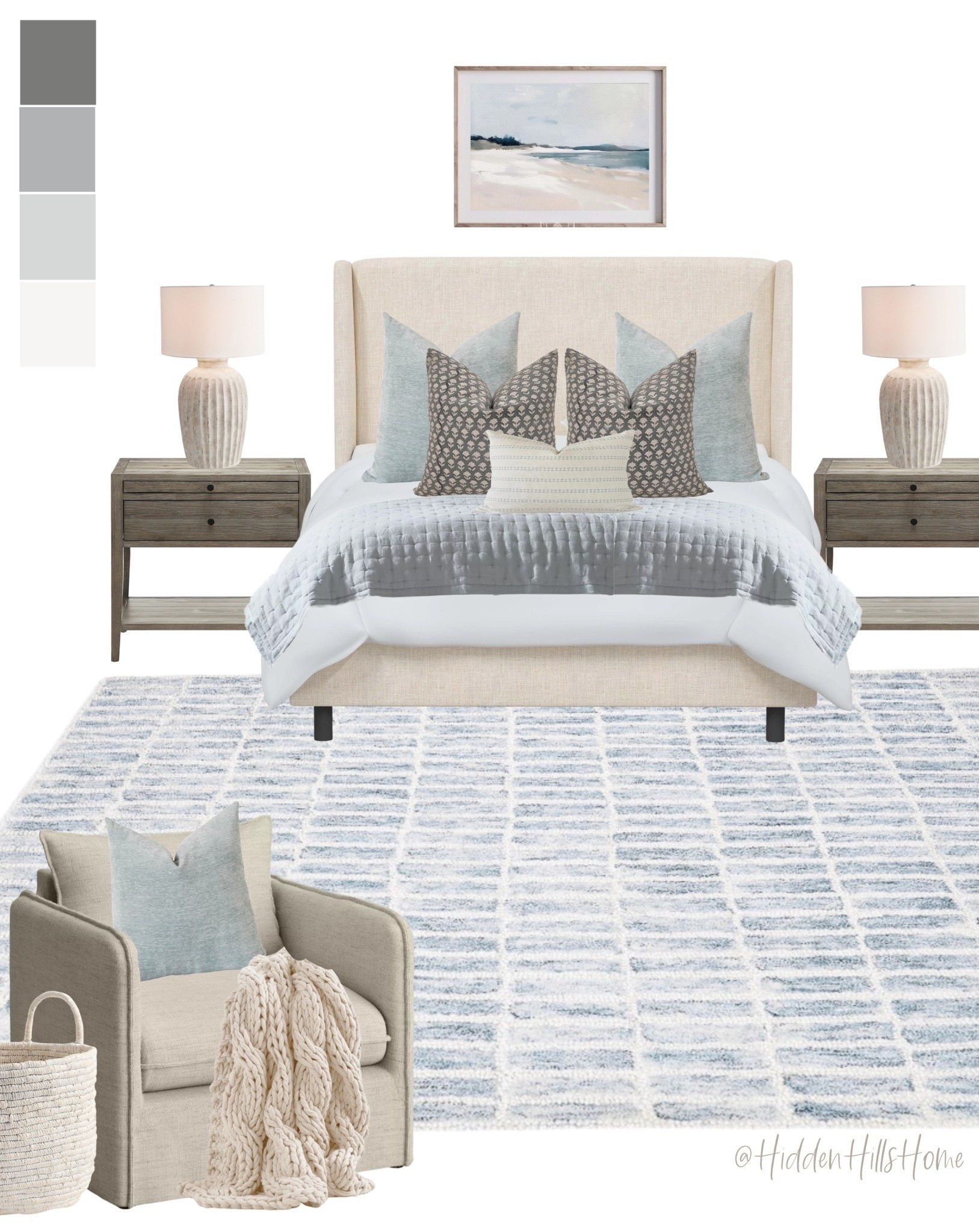 Coastal bedroom decor, coastal master bedroom inspiration, bedroom decor mood board, primary bedroom, Tilly bed, bedding, home decor ideas #beach